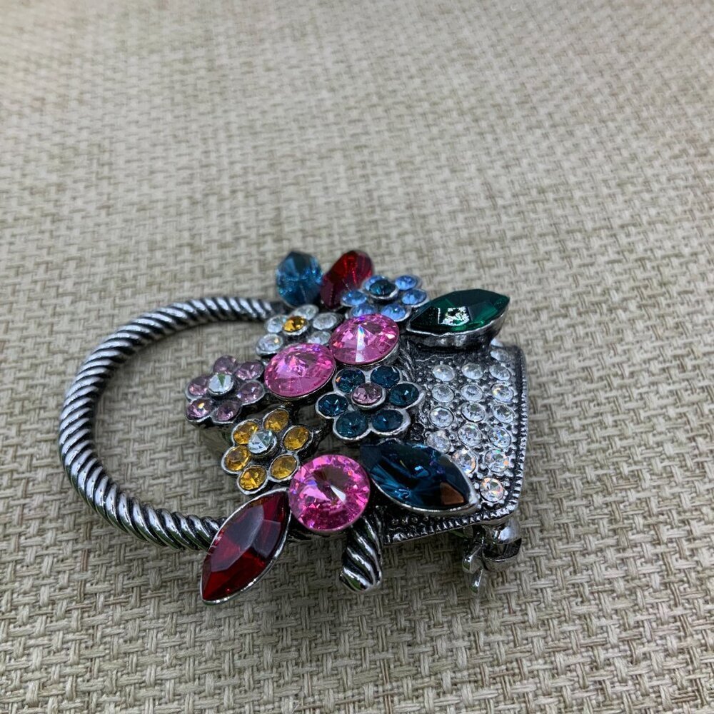 Floral Flowers Basket Multi Colored Rhinestone Silver Tone Brooch Pin - Picture 4 of 8